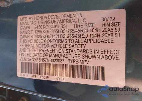 2022 Honda Passport Awd Ex-L z USA, uszkodzony, nr VIN 5FNYF8H57NB023087